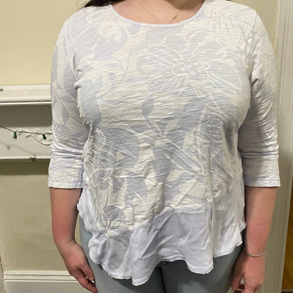 White Asymmetrical Shirt with Light Blue Floral Design